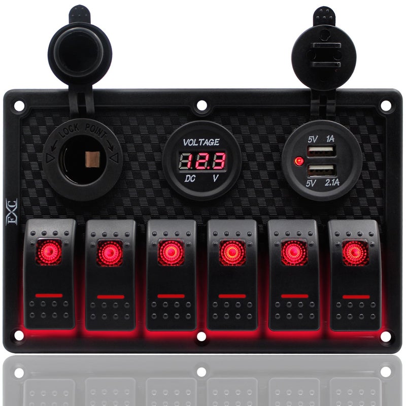 FXC Waterproof Marine Boat Rocker Switch Panel 6 Gang with Dual USB Slot Socket + Cigarette Lighter + Digital Voltage Display LED Light for Car Rv Vehicles Truck (6 Gang Red Light) - Image 1